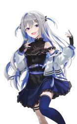 Rule 34 | 1girl, :d, absurdres, amane kanata, amane kanata (work), black gloves, blue skirt, gloves, grey hair, hair ornament, hairclip, highres, hololive, jacket, jewelry, necklace, open mouth, partially fingerless gloves, purple eyes, simple background, single thighhigh, skirt, smile, solo, standing, thigh strap, thighhighs, virtual youtuber, white background, white jacket, yt9676