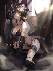 Rule 34 | 1girl, armor, bikini armor, black hair, breasts, collarbone, commentary request, demon girl, demon horns, demon tail, demon wings, fingernails, gauntlets, highres, holding, holding sword, holding weapon, horns, large breasts, looking at viewer, low wings, original, planted, planted sword, planted weapon, pointy ears, pubic tattoo, revealing clothes, sharp fingernails, short hair, single gauntlet, slit pupils, sword, tail, tattoo, thigh strap, udakyo, weapon, wings, yellow eyes