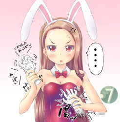 Rule 34 | ..., 1girl, :o, anger vein, animal ears, blush, breasts, brown hair, cleavage, disembodied hand, fake animal ears, highres, holding, idolmaster, idolmaster (classic), leotard, long hair, grabber tool, minase iori, momo at ten, playboy bunny, rabbit ears, red eyes, small breasts, solo, speech bubble, sweat, translation request, trembling