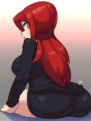 Rule 34 | 1girl, absurdres, ass, grey background, hair over one eye, highres, long hair, looking back, painting fish, parasoul (skullgirls), parted lips, red hair, sitting, skirt, skullgirls, solo, yellow eyes