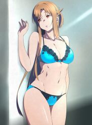 Rule 34 | 1girl, :o, arm at side, asuna (sao), bare arms, bare shoulders, bikini, black bikini, braid, breasts, brown hair, cleavage, collarbone, cowboy shot, green bikini, groin, hand up, highres, large breasts, long hair, navel, open mouth, parted bangs, puge, solo, stomach, swimsuit, sword art online, underwear, underwear only, very long hair