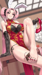 Rule 34 | 1girl, animal ears, barefoot, between toes, blush, breasts, chinese clothes, chocolate, cleavage, double bun, elbow gloves, fake animal ears, feet, gloves, hair bun, highres, large breasts, long hair, looking at viewer, nail polish, pink eyes, pink hair, rabbit ears, shoes, unworn shoes, single shoe, sweat, toenail polish, toenails, toes