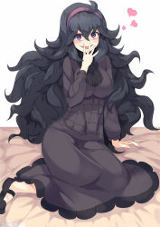 Rule 34 | 1girl, 2017, @ @, ahoge, alternate breast size, arm support, artist name, bed sheet, blush, breasts, creatures (company), dated, dress, female focus, full body, game freak, hair ornament, hairband, hand to own mouth, hand up, heart, hex maniac (pokemon), highres, large breasts, long hair, long sleeves, looking at viewer, matching hair/eyes, messy hair, nintendo, npc trainer, open mouth, pokemon, pokemon xy, purple dress, purple eyes, purple footwear, purple hair, purple hairband, shoes, signature, simple background, sitting, smile, solo, text focus, tinpam, very long hair, white background