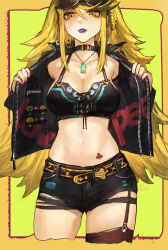 Rule 34 | 1girl, alternate costume, belt, black belt, black collar, black garter straps, black shorts, black thighhighs, blonde hair, braid, breasts, cleavage, collar, commentary, crop top, cropped legs, daible, earrings, english commentary, eyewear on head, garter straps, hair between eyes, highres, hoop earrings, jacket, jewelry, large breasts, lipstick, long hair, looking at viewer, makeup, midriff, mythra (xenoblade), nail polish, navel, necklace, open clothes, open jacket, parted lips, plectrum, purple lips, purple nails, short shorts, shorts, signature, single thighhigh, solo, sunglasses, thighhighs, torn clothes, torn shorts, unzipped, very long hair, xenoblade chronicles (series), xenoblade chronicles 2, yellow background, yellow eyes