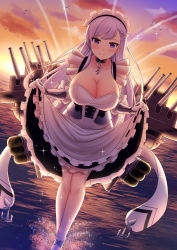 Rule 34 | 1girl, aircraft, airplane, anchor, asymmetrical bangs, azur lane, belfast (azur lane), blush, braid, breasts, chain, cleavage, collar, contrail, curtsey, dearonnus, dress, dutch angle, french braid, frilled dress, frills, full body, gloves, highres, large breasts, light purple hair, long hair, looking at viewer, maid, maid headdress, ocean, purple eyes, sash, sky, smile, solo, solo focus, sparkle, sunset, swept bangs, vambraces, very long hair, walking, walking on liquid, white dress, white gloves
