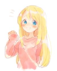 Rule 34 | +++, 1girl, :d, arm at side, blonde hair, blue eyes, blush, breasts, collarbone, dot nose, earrings, fingernails, fullmetal alchemist, hair between eyes, hand up, happy, jewelry, long hair, long sleeves, looking away, medium breasts, open mouth, pink sweater, shyh yue, simple background, sleeves past wrists, smile, solo, straight hair, sweater, upper body, wavy mouth, white background, winry rockbell
