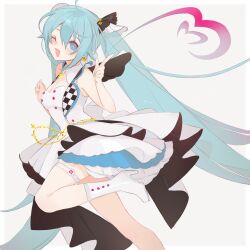 Rule 34 | 1girl, absurdres, blue eyes, blue hair, boots, dress, earrings, hatsune miku, highres, idol, jewelry, long hair, miermere, more more jump! miku, one eye closed, project sekai, solo, standing, standing on one leg, star (symbol), star earrings, twintails, very long hair, vocaloid, white dress, white footwear