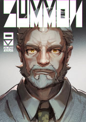 Rule 34 | 1boy, april fools, beard, cover, facial hair, fake magazine cover, grey hair, highres, hogen (housamo), horns, itohiro, looking at viewer, magazine cover, male focus, mustache, necktie, sideburns, single horn, solo, tokyo houkago summoners, upper body, yellow eyes