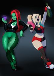 Rule 34 | 2girls, alcohol, black jacket, bottle, breasts, colored skin, couple, dc comics, drinking, gloves, green eyes, green skin, harley quinn, highres, jacket, large breasts, lipstick, long hair, makeup, multicolored hair, multiple girls, pale skin, poison ivy, red hair, shoes, sneakers, tail, tovio rogers, twintails