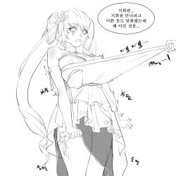 Rule 34 | 1boy, 1girl, absurdres, bare shoulders, breasts, cleavage, clothes pull, commander (nikke), dress, flower, geabull, goddess of victory: nikke, greyscale, hair flower, hair ornament, hair ribbon, highres, large breasts, lineart, long hair, monochrome, official alternate costume, privaty (banquet princess) (nikke), privaty (nikke), ribbon, tearing up, thigh strap, twintails