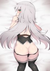 Rule 34 | 1girl, absurdres, alternate hair length, alternate hairstyle, ass, black panties, black thighhighs, blush, butt crack, eyes visible through hair, fate/apocrypha, fate (series), from above, green eyes, highres, jack the ripper (fate/apocrypha), long hair, lying, on stomach, panties, panty pull, parted lips, profile, silver hair, solo, thighhighs, tomo (ryo i so ), top-down bottom-up, underwear, very long hair