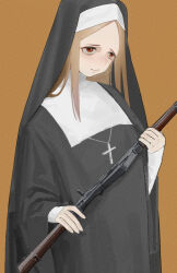 Rule 34 | 1girl, blonde hair, cross, cross necklace, gun, holding, holding gun, holding weapon, jewelry, lazhuzelazhuze, long hair, necklace, nun, original, red eyes, solo, upper body, veil, weapon, weapon request, yellow background