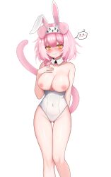 Rule 34 | 1girl, @ @, absurdres, animal ears, arknights, arm behind back, blush, braid, breasts, cat ears, cat girl, cat tail, closed mouth, collarbone, covered navel, detached collar, embarrassed, fake animal ears, feet out of frame, gluteal fold, goldenglow (arknights), hairband, hand on own chest, highres, large breasts, leotard, lightning bolt print, long hair, looking at viewer, nervous smile, nipples, nose blush, pink hair, playboy bunny, rabbit ears, side braid, simple background, smile, solo, spoken expression, standing, tail, thigh gap, topless, white background, white hairband, white leotard, yellow eyes, yon (isieuniya)