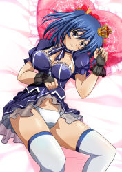 Rule 34 | 00s, 1girl, bashoku youjou, bed, blue hair, blush, boots, breasts, cleavage, female focus, hair ribbon, ikkitousen, large breasts, legs, looking at viewer, lying, navel, on back, panties, pillow, princess, purple eyes, ribbon, short twintails, smile, solo, twintails, underwear