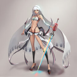 Rule 34 | 152 in can, 1girl, absurdres, altera (fate), bare shoulders, breasts, choker, closed mouth, dark-skinned female, dark skin, detached sleeves, fate/grand order, fate (series), full-body tattoo, full body, headdress, high heels, highres, holding, holding sword, holding weapon, looking at viewer, navel, photon ray (fate), red eyes, revealing clothes, short hair, small breasts, solo, sword, tattoo, veil, weapon, white hair