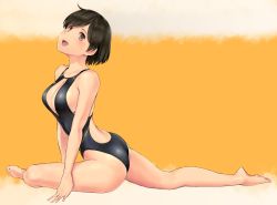 Rule 34 | 1girl, ass, bare shoulders, black one-piece swimsuit, blush, breasts, brown eyes, brown hair, center opening, cleavage, collarbone, highleg, highleg swimsuit, highres, hiryuu (kancolle), kantai collection, large breasts, legs, one-piece swimsuit, open mouth, short hair, simple background, smile, solo, stretching, swimsuit, wa (genryusui), yellow background