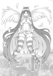 Rule 34 | 10s, 1girl, absurdly long hair, absurdres, alternate costume, bayeuxman, blunt bangs, blush, bow, breasts, breasts out, bridal gauntlets, colored inner hair, feathered wings, feathers, full body, greyscale, hair bow, highres, hime cut, large areolae, leotard, long hair, microskirt, monochrome, multicolored hair, nipples, panty &amp; stocking with garterbelt, skirt, solo, stocking (psg), striped clothes, striped thighhighs, thighhighs, traditional media, two-tone hair, very long hair, wings