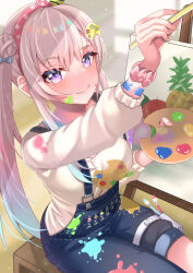 Rule 34 | 1girl, airani iofifteen, airani iofifteen (1st costume), arm scrunchie, blue bow, blue overalls, blush, bow, hair bow, hair ornament, hairband, highres, holding, holding paintbrush, holding palette, hololive, hololive indonesia, long hair, looking at viewer, looking up, multicolored hairband, overalls, paint, paint on body, paint on clothes, paint splatter, paint splatter on face, paintbrush, painting (action), painting (object), palette (object), palette hair ornament, palette print, pink hair, pink hairband, purple eyes, scrunchie, sidelocks, smile, solo, thigh strap, virtual youtuber, yellow hairband, zacky