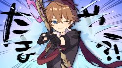 Rule 34 | 1boy, black gloves, blue eyes, bow (weapon), brown hair, closed mouth, genshin impact, gloves, hair between eyes, highres, holding, holding bow (weapon), holding weapon, jacket, looking at viewer, male focus, mask, mask on head, one eye closed, red scarf, scarf, shirase (shirose), solo, tartaglia (genshin impact), upper body, water, weapon