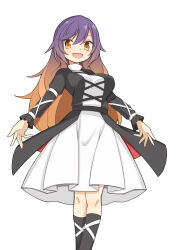 Rule 34 | 1girl, :d, absurdres, black dress, breasts, brown eyes, brown hair, cross-laced clothes, dress, feet out of frame, gradient hair, hekkmushi, highres, hijiri byakuren, large breasts, layered dress, long hair, long sleeves, looking at viewer, multicolored hair, open mouth, purple hair, red pupils, simple background, smile, solo, touhou, white background, white dress