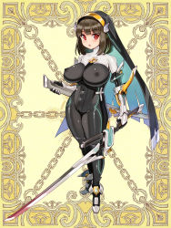Rule 34 | 1girl, :o, black hair, bodysuit, covered erect nipples, covered navel, full body, habit, holding, holding sheath, holding sword, holding weapon, kerberos blade, looking at viewer, nun, official art, red eyes, ryoji (nomura ryouji), sheath, short hair, skin tight, solo, standing, sword, weapon, yellow background