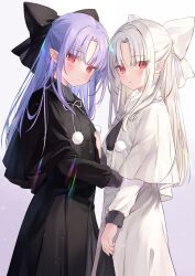 Rule 34 | 2girls, black bow, black capelet, black dress, bow, capelet, commission, dress, expressionless, hair bow, hakua aa, highres, len (tsukihime), long hair, long sleeves, looking at viewer, multiple girls, pointy ears, pom pom (clothes), purple hair, red eyes, skeb commission, tsukihime, white bow, white capelet, white dress, white hair, white len (tsukihime)
