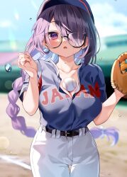 Rule 34 | 1girl, ball, baseball, baseball cap, baseball glove, baseball jersey, baseball stadium, baseball uniform, belt, black-framed eyewear, black belt, blue hat, blue shirt, blue sky, blurry, blurry background, blush, braid, braided ponytail, breasts, chihiro (khorosho), cleavage, clothes writing, commentary request, cowboy shot, day, eyelashes, fingernails, glasses, hair over one eye, hair ribbon, hat, jersey, large breasts, looking at viewer, low ponytail, nail polish, object on breast, original, pants, pink nails, purple eyes, purple hair, ribbon, semi-rimless eyewear, shirt, short sleeves, sky, solo, sportswear, standing, sunlight, sweatdrop, under-rim eyewear, white pants, white ribbon