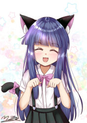 Rule 34 | 1girl, :3, animal ear fluff, animal ears, black skirt, blouse, blue hair, blunt bangs, bow, bowtie, cat ears, cat girl, cat tail, clenched hands, closed eyes, fang, furude rika, higurashi no naku koro ni, long hair, m ko (maxft2), open mouth, paw pose, pink bow, pink bowtie, ribbon, shirt, short sleeves, skirt, smile, solo, suspender skirt, suspenders, tail, tail ornament, tail ribbon, upper body, white shirt
