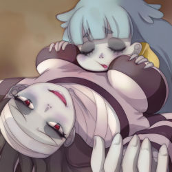Rule 34 | 10s, 2girls, bandaged head, bandages, between breasts, black hair, blue hair, blue skin, blush, breast hold, breasts, breasts apart, closed eyes, colored skin, head between breasts, hoshikawa lily, large breasts, long hair, looking at viewer, multiple girls, open mouth, red eyes, sleeping, smile, striped, t jiroo (ringofriend), yamada tae, zombie, zombie girl, zombie land saga