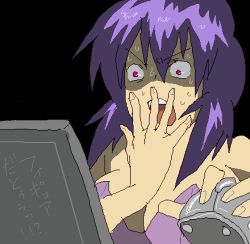 Rule 34 | 1girl, breasts, cleavage, computer, covering own mouth, ghost in the shell, highres, japanese text, kusanagi motoko, large breasts, mouse (computer), open mouth, purple eyes, purple hair, shaded face, short hair, solo, surprised, sweat, translated