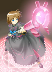 Rule 34 | 1girl, blue eyes, brown hair, highres, luciferion, lyrical nanoha, magazine (weapon), magic circle, mahou shoujo lyrical nanoha, mahou shoujo lyrical nanoha a&#039;s, mahou shoujo lyrical nanoha a&#039;s portable: the battle of aces, stern the destructor, solo