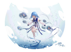 Rule 34 | 1girl, absurdres, bare shoulders, black poi, blue gloves, blue hair, boots, breasts, closed mouth, collarbone, commentary request, detached sleeves, dress, expressionless, fingerless gloves, floating, full body, gloves, high heel boots, high heels, highres, jellyfish, knee boots, knee up, legs, looking at viewer, medium breasts, medium hair, orange eyes, original, outstretched arms, outstretched hand, oval background, sideboob, signature, solo, spread arms, striped clothes, striped dress, vertical-striped clothes, vertical-striped dress, water, water drop, white dress, white footwear, white sleeves, wide sleeves, yellow pupils
