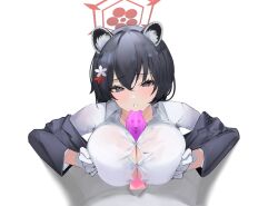 Rule 34 | 1boy, 1girl, animal ears, black hair, blue archive, breasts, breasts squeezed together, button gap, censored, cleavage, eugle na, flower, formal, gloves, hair flower, hair ornament, halo, hetero, large breasts, looking at viewer, off shoulder, official alternate costume, paizuri, paizuri under clothes, pov, raccoon ears, raccoon girl, red halo, short hair, solo focus, suit, tour guide, tsubaki (blue archive), tsubaki (guide) (blue archive), white gloves