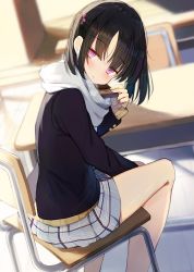 Rule 34 | 1girl, :o, bare legs, between legs, black hair, blazer, blush, buttons, chair, chocolate, commentary request, desk, feet out of frame, food, hand between legs, holding, holding food, indoors, jacket, kamizaki hibana, long sleeves, looking at viewer, original, plaid, plaid skirt, pleated skirt, purple eyes, scarf, school desk, school uniform, short hair, short twintails, sitting, skirt, sleeves past wrists, solo, sunlight, tan sweater, twintails, white scarf