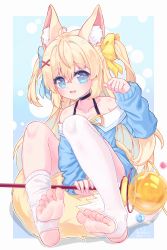 Rule 34 | 1girl, absurdres, ahoge, animal ear fluff, animal ears, artist name, asymmetrical legwear, black choker, blonde hair, blue background, blue bow, blue eyes, blue shirt, border, bow, breasts, chinese commentary, choker, collarbone, commentary request, crossed bangs, dated, eyelashes, feet, full body, gradient background, hair between eyes, hair bow, hair ornament, hair ribbon, hairclip, hand up, highres, holding, knees up, legs, long sleeves, looking at viewer, mismatched legwear, no shoes, off-shoulder shirt, off shoulder, open mouth, original, ribbon, shadow, shiny skin, shirt, sidelocks, sitting, small breasts, socks, soles, solo, stirrup legwear, tail, thighhighs, toeless legwear, toes, two side up, wand, white border, white socks, white thighhighs, wuhuo, yellow ribbon