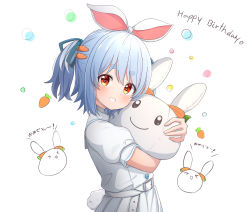 Rule 34 | 1girl, ame., animal ears, blue hair, blue ribbon, blush, carrot hair ornament, commentary request, food-themed hair ornament, grin, hair between eyes, hair ornament, hair ribbon, happy birthday, highres, hololive, hugging object, looking at viewer, multicolored hair, pekomon (usada pekora), pleated skirt, puffy short sleeves, puffy sleeves, rabbit-shaped pupils, rabbit ears, rabbit tail, red eyes, ribbon, shirt, short eyebrows, short sleeves, simple background, skirt, smile, streaked hair, stuffed animal, stuffed rabbit, stuffed toy, symbol-shaped pupils, thick eyebrows, translation request, twintails, usada pekora, usada pekora (casual), virtual youtuber, white background, white hair, white shirt, white skirt