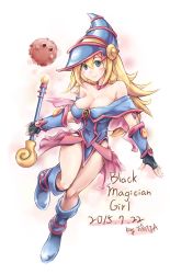 Rule 34 | 1girl, artist name, bare legs, blonde hair, boots, breasts, cleavage, dark magician girl, dated, duel monster, erementa, female focus, full body, gradient background, green eyes, hat, highres, kuriboh, legs, long hair, smile, solo, wand, wizard hat, yu-gi-oh!, yu-gi-oh! duel monsters