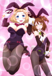 Rule 34 | 2girls, :d, absurdres, animal ears, ascot, black gloves, black legwear, blonde hair, blue eyes, breasts, brown hair, rabbit ears, rabbit tail, cleavage, contrapposto, detached collar, elbow gloves, fake animal ears, finger to mouth, fingerless gloves, gloves, green eyes, hairband, hand on own hip, high heels, highres, jumping, large breasts, looking at viewer, mouth hold, multiple girls, nikaidou mari, nyantype, one side up, open mouth, pantyhose, playboy bunny, saionji usagi, scan, short hair, small breasts, smile, standing, tail, taimadou gakuen 35 shiken shoutai, thighs, wrist cuffs