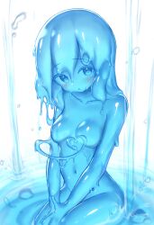 Rule 34 | 1girl, blue eyes, blue hair, blue skin, blush, breasts, colored skin, curss, highres, looking at viewer, medium hair, monster girl, navel, no nipples, nude, slime girl, small breasts, solo