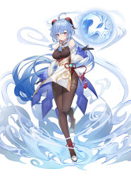 Rule 34 | 1girl, absurdres, ahoge, bare shoulders, bell, black gloves, black legwear, blue hair, blush, breasts, chinese knot, detached sleeves, flower knot, full body, ganyu (genshin impact), genshin impact, gloves, gold trim, highres, horns, long hair, looking at viewer, low ponytail, magic, medium breasts, neck bell, orb, pelvic curtain, purple eyes, qilin (mythology), red rope, rope, sidelocks, solo, standing, tachi-e, tassel, thighlet, thighs, very long hair, vision (genshin impact), waist cape, white background, white sleeves, wind, yuia