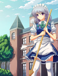 Rule 34 | 1girl, athrun1120, bad id, bad pixiv id, bamboo broom, braid, broom, female focus, izayoi sakuya, maid, nature, outdoors, plant, purple eyes, scarlet devil mansion, short hair, silver hair, sky, smile, solo, standing, thighhighs, touhou, twin braids, white thighhighs, zettai ryouiki