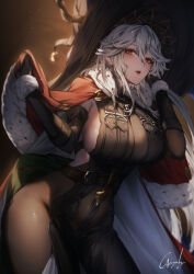 Rule 34 | 1girl, black dress, black gloves, black hat, blush, breasts, dress, elbow gloves, genyaky, gloves, granblue fantasy, grey hair, hat, highres, large breasts, large hat, leaning forward, long hair, looking at viewer, magisa (granblue fantasy), parted lips, red eyes, sideboob, signature, smile, solo, thighs, witch hat