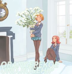 Rule 34 | 10s, 2girls, ^ ^, arm support, blonde hair, character name, closed eyes, closed eyes, fireplace, flower, girls und panzer, multiple girls, necktie, orange pekoe (girls und panzer), pantyhose, red eyes, red hair, rosehip (girls und panzer), school uniform, short hair, sketch, smile, sweater, thighs, umiu (hoge), walking, window