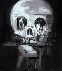 Rule 34 | 1girl, bottle, chair, collar, cup, greyscale, high heels, holding, holding cup, jewelry, memento mori, monochrome, necklace, persona, persona 5, qosic, short hair, signature, sitting, skull, solo, spiked collar, spikes, steam, takemi tae, vial, x-ray