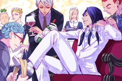 Rule 34 | 6+boys, 9lara, annoyed, blonde hair, blue hair, bottle, butler, chair, cigarette, closed eyes, crossdressing, cup, curly hair, drinking glass, formaggio, ghiaccio, glasses, gloves, green hair, hand on own hip, illuso, jojo no kimyou na bouken, long hair, maid, maid headdress, male focus, melone, multiple boys, multiple tails, pesci, prosciutto, purple hair, red hair, risotto nero, silver hair, sitting, tail, tray, tuxedo, vento aureo, white gloves, wine bottle, wine glass