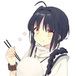 Rule 34 | 1other, 87banana, ahoge, androgynous, black hair, blush, bowl, braid, brown eyes, chopsticks, fate/samurai remnant, fate (series), flower, holding, holding chopsticks, japanese clothes, jewelry, long bangs, looking at viewer, low ponytail, necklace, rice bowl, yamato takeru (fate), single braid, solo, white background