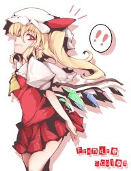 Rule 34 | !, 1girl, ascot, blonde hair, character name, female focus, flandre scarlet, hat, highres, nikke (cherish), pointy ears, red eyes, side ponytail, solo, touhou, typo, wings