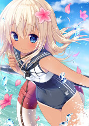 Rule 34 | 10s, 1girl, blonde hair, blue eyes, blush, child, covered navel, flower, hair flower, hair ornament, kantai collection, konomi (kino konomi), long hair, looking at viewer, one-piece swimsuit, petals, ro-500 (kancolle), school swimsuit, school uniform, smile, solo, swimsuit, swimsuit under clothes, tan, tanline, torpedo, water