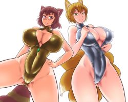 Rule 34 | 2girls, animal ears, blonde hair, breasts, brown eyes, brown hair, cleavage, covered erect nipples, curvy, dashigarayama, fox ears, fox tail, front zipper swimsuit, futatsuiwa mamizou, glasses, highres, huge breasts, meme attire, multiple girls, multiple tails, one-piece swimsuit, raccoon ears, raccoon tail, short hair, simple background, swimsuit, tail, touhou, wide hips, yakumo ran, yellow eyes