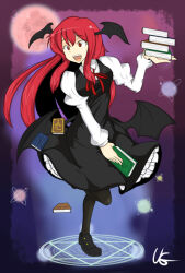 Rule 34 | 1girl, :d, artist name, bat wings, black footwear, black pantyhose, black skirt, black vest, book, book stack, bow, breasts, collared shirt, commentary request, dot nose, dress shirt, floating, floating book, floating object, frilled skirt, frills, full body, full moon, gradient background, hair between eyes, head wings, hexagram, holding, holding book, juliet sleeves, koakuma, loafers, long hair, long sleeves, looking to the side, low wings, magic circle, medium breasts, moon, open mouth, pantyhose, puffy sleeves, red bow, red eyes, red hair, red moon, shirt, shoes, simple background, skirt, skirt set, smile, solo, standing, standing on one leg, teeth, tongue, touhou, ug (nekonekodou), upper teeth only, very long hair, vest, white shirt, wings